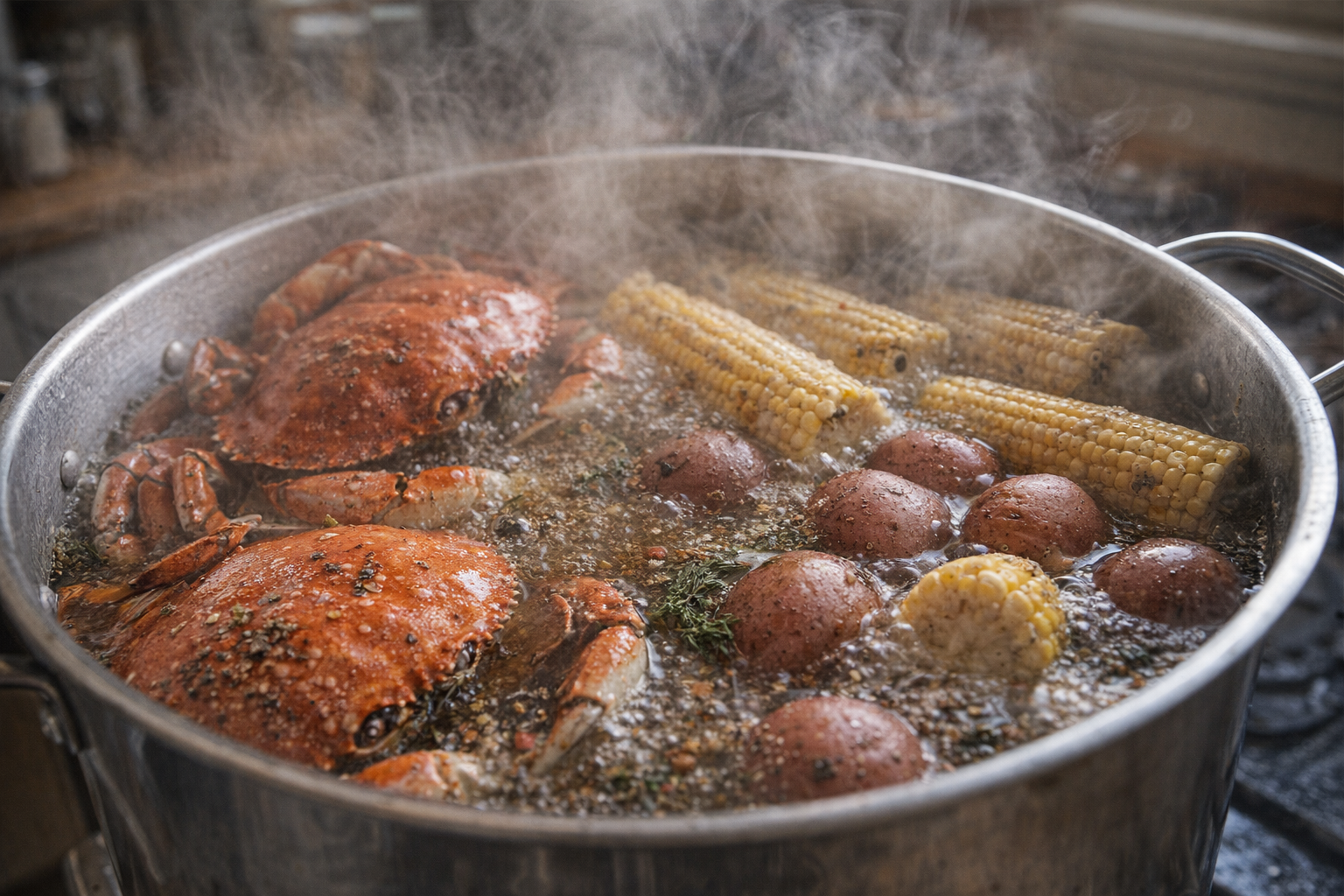 An action shot of crabs, corn, and potatoes boiling in a large pot, steam rising, with visible spices and herbs in the water. Close-up, slightly angled.